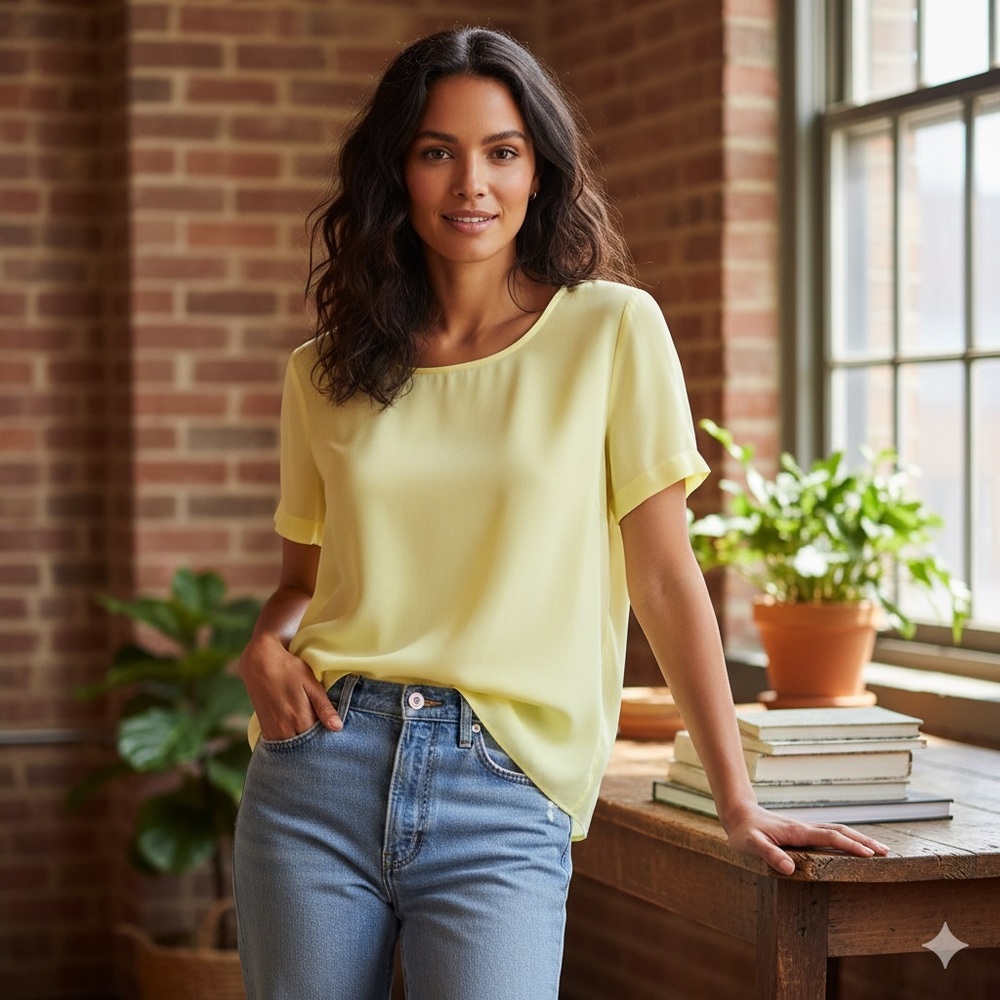 Wilfred Aritzia 100% Silk Chartreuse High Low Tunic Blouse Short Sleeves Size S